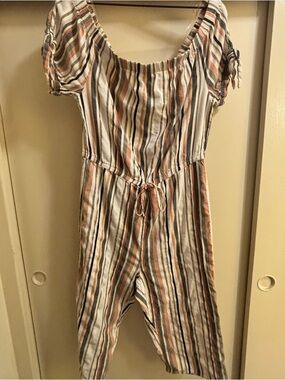 Blush Striped Off-Shoulder Jumpsuit in Cream, Peach & Gray Size 1X